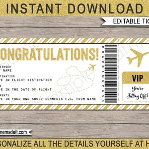 Gefeliciteerd Gift Boarding Pass Ticket - Afdrukbaar vliegticket - Verrassingsvliegtuig Boarding Pass - INSTANT DOWNLOAD met BEWERKBARE tekst