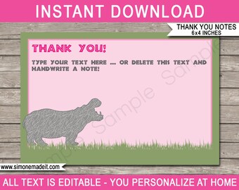 Safari Party Thank You Cards - Hippo - Printable Thank You Notes - Pink Zoo Theme Birthday Party - 4x6 - INSTANT DOWNLOAD with EDITABLE text