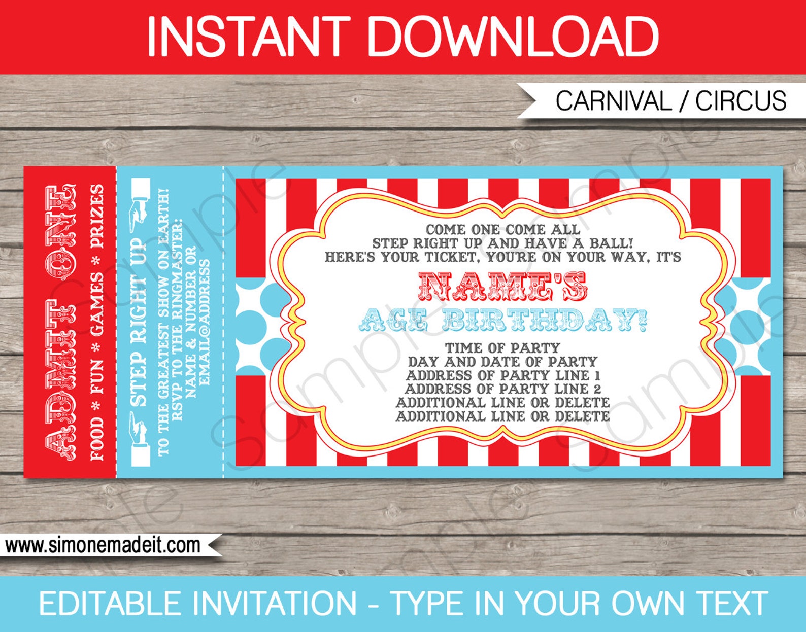 Circus Ticket Invitation Template Carnival Party Circus - Etsy Australia