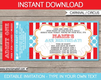 Circus Ticket Invitation Template - Carnival Party - Circus Party - INSTANT DOWNLOAD with EDITABLE text - you personalize at home