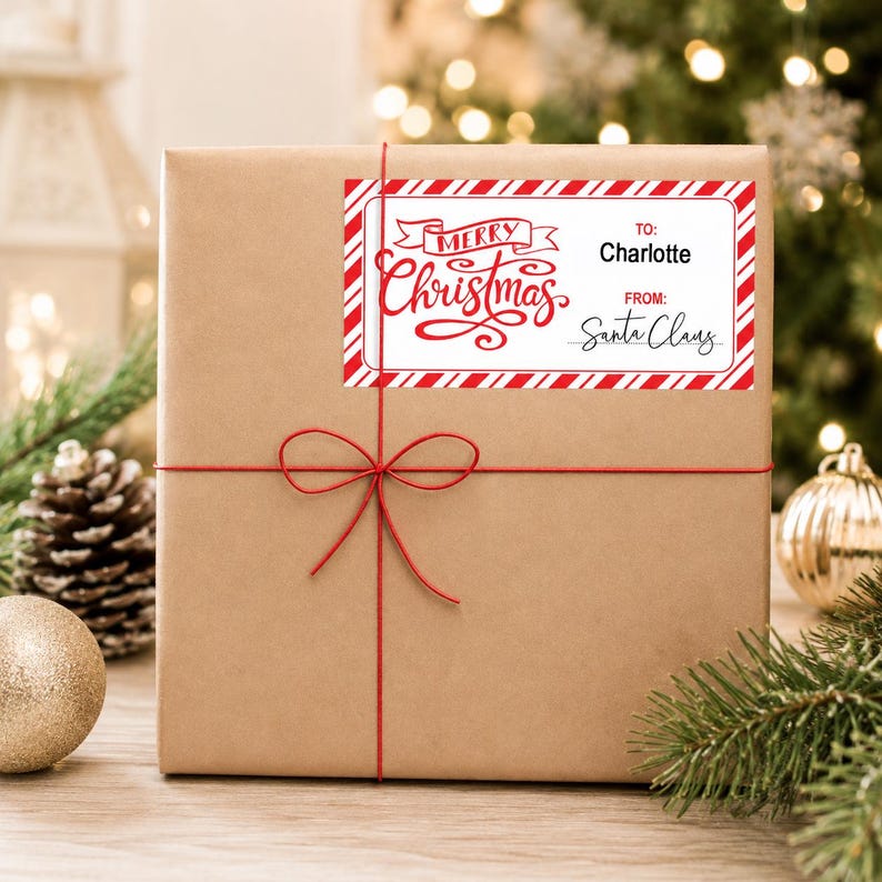 Gift tags from Santa Claus for the kids in front of Christmas decorations and a Christmas tree
