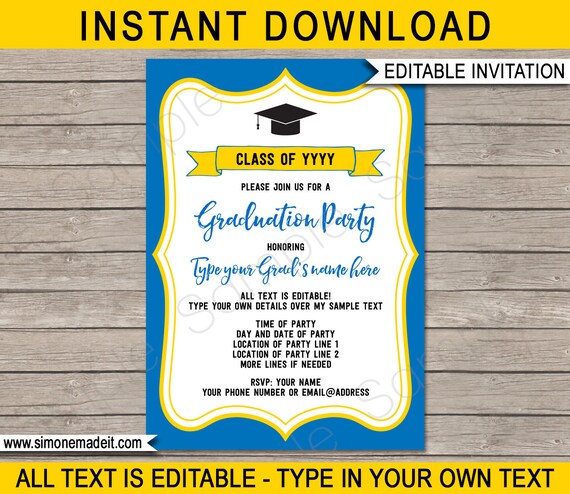 Graduation Party Invitations - blue & gold / yellow - Printable Template - Any Year - Grad Invite - INSTANT DOWNLOAD with EDITABLE text Il_570xn