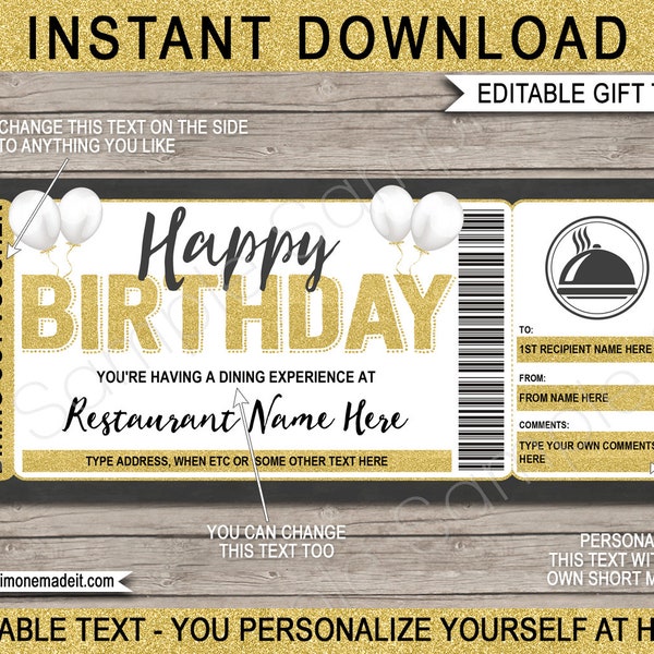 Dinner Gift Certificate Birthday Meal Voucher Template - Restaurant, Night Out, Dining, Food, Meal Delivery Card Ticket Coupon - YOU EDIT