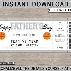 Vatertag Basketball Ticket Geschenkgutschein - Druckbare Überraschungsspielkarte für Papa - DIY Zertifikatskarte Coupon - EDITIERBARER TEXT Download