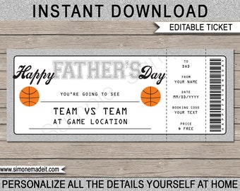 Father's Day Basketball Ticket Gift Voucher - Printable Surprise Game Ticket for Dad - DIY Certificate Card Coupon - EDITABLE TEXT Download