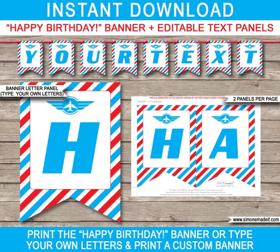 Airplane Birthday Banner Printable Template - Happy Birthday - Custom - Party Decorations - Bunting - INSTANT DOWNLOAD with EDITABLE text