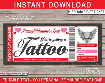 Tattoo Gift Card Ticket Certificate Voucher Template, Happy Valentines Day, Get Inked Skull Wings Design, INSTANT DOWNLOAD, text EDITABLE