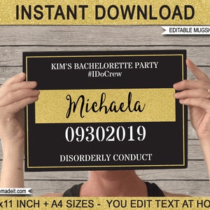 Bachelorette Mugshot Sign Board - Printable Photo Booth Props - Mug Shot - Bride - Bridesmaids - INSTANT DOWNLOAD with EDITABLE text