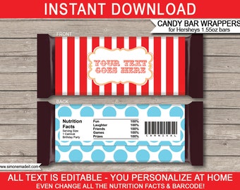 Circus Candy Bar Wrappers Template: Editable Carnival Favors (Instant Download)