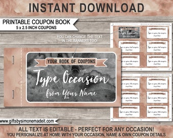 Coupon Book Template, Printable Personalized Coupons Gift Vouchers, Birthday Mom Dad Anniversary Him Her - INSTANT DOWNLOAD - EDITABLE text