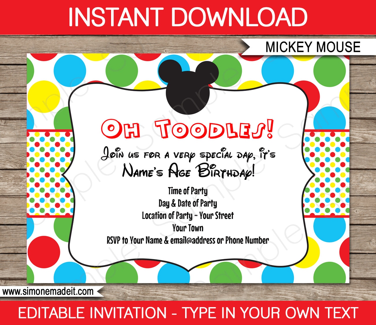 Mickey Mouse Invitation Template Printable Birthday Party Invite