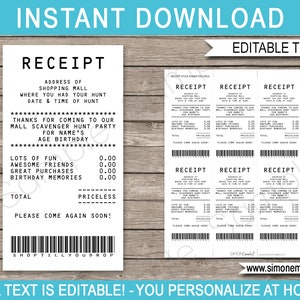 May include: Printable receipt style party favor for a scavenger hunt birthday party. The receipt says "Thanks for coming to our mall scavenger hunt party for Name's Age birthday."  The receipt also says "Lots of fun, Awesome friends, Great purchases, Birthday memories, Total: Priceless, Please come again soon!"
