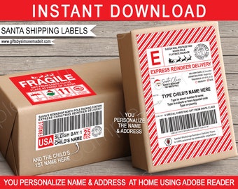 May include: Printable Santa shipping labels with red and white stripes, a Santa Claus illustration, and the text "Express Reindeer Delivery". The labels are designed to be personalized with a child's name and address.