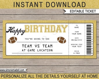 May include: Editable ticket template with a gold glitter background. The ticket says "Happy Birthday" and has a football design. It includes fields for "To Name", "From Your Name", "Date", "Booking Code", and "Price".