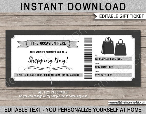 Shopping Day Gift Certificate Template Printable Voucher Card Teen Teenager Tween Wife Daughter Son Gift Idea EDITABLE text DOWNLOAD