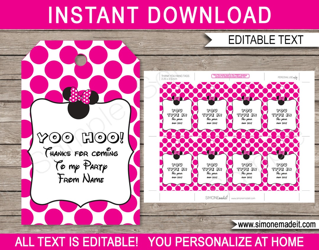Minnie Mouse Favor Tags Template - Printable Birthday Party Thank You ...