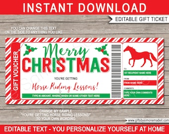 Horse Riding Lessons Gift Voucher Template Certificate Ticket - Printable Christmas - Trail Rides Horseback Lease - EDITABLE text DOWNLOAD