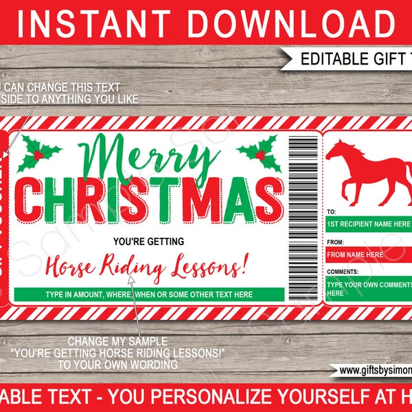 Horse Riding Lessons Gift Voucher Template Certificate Ticket - Printable Christmas - Trail Rides Horseback Lease - EDITABLE text DOWNLOAD