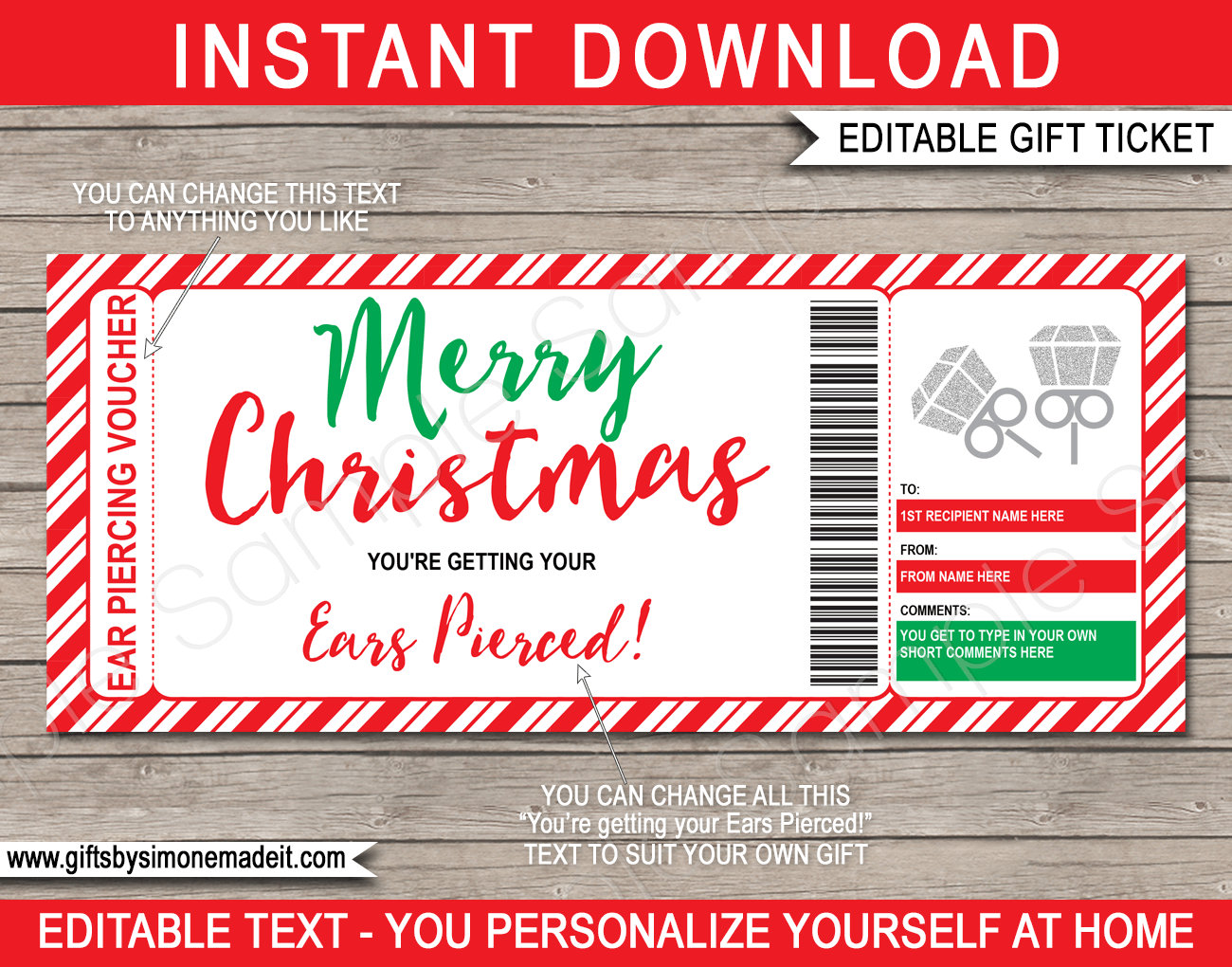 Christmas Ear Piercing Gift Voucher Template Printable Ticket Etsy Canada