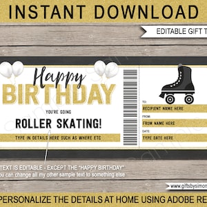 Roller Skating Gift Certificate Template - Printable Birthday Gift Voucher Ticket - Rollerskating Lessons - INSTANT DOWNLOAD - EDITABLE text