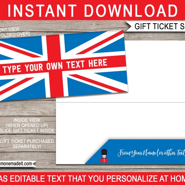 Printable Ticket Jacket, Envelope, Sleeve for London Trip Gift Tickets - Christmas Birthday Mother's Day Retirement - INSTANT DOWNLOAD