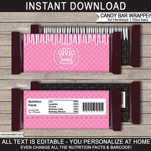 K&ouml;nnte beinhalten: Druckbare Schokoladenriegel-Verpackungen f&uuml;r eine Prinzessinnen-Geburtstagsparty. Die Verpackungen sind rosa mit wei&szlig;en Punkten und einer Krone. Die R&uuml;ckseite der Verpackung hat ein N&auml;hrwert-Etikett mit dem Text "Fun, Laughter, Friends, Birthday Cake, Birthday Wishes" und einen Barcode.