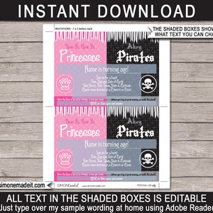 K&ouml;nnte beinhalten: Druckbare Einladungsvorlage f&uuml;r eine Prinzessinnen- oder Piratenparty. Die Vorlage zeigt links ein rosa-graues Prinzessinnen-Design und rechts ein schwarz-graues Piraten-Design. Der Text "Hear Ye, Hear Ye Princesses" und "Ahoy Pirates" wird oben im Design angezeigt. Der Text "Name is turning age!" wird in einem grauen Feld angezeigt. Der Text "Join us for a feast!" wird in einem wei&szlig;en Feld angezeigt. Der Text "Time, Day and Date of Party" wird in einem wei&szlig;en Feld angezeigt. Der Text "Your Street, Your Town, State & Postcode" wird in einem wei&szlig;en Feld angezeigt. Der Text "Please come dressed as a Princess or Pirate" wird in einem wei&szlig;en Feld angezeigt. Der Text "RSVP to Your name and number" wird in einem wei&szlig;en Feld angezeigt. Der Text "www.simonemadeit.com" wird unten im Design angezeigt. Der Text "ALL TEXT IN THE SHADED BOXES IS EDITABLE" wird unten im Design angezeigt. Der Text "Just type over my sample wording at home using Adobe Reader" wird unten im Design angezeigt.