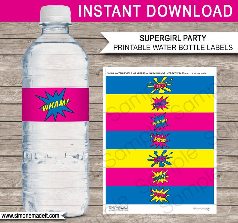 Supergirl Water Bottle Labels Template Printable Birthday Party Decorations Girl Superhero Theme Comic Strip INSTANT DOWNLOAD image 1