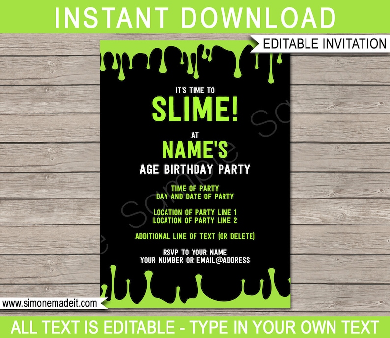 May include: Editable invitation template for a slime-themed birthday party. The invitation features a black background with green slime dripping down the sides. The text "It's time to Slime!" is in large, green letters. The invitation also includes space for the child's name, age, party date, time, and location.