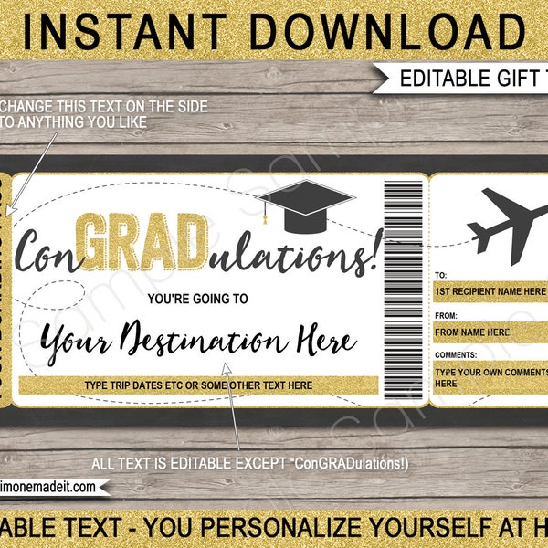 Plantilla de tarjeta de embarque de graduación Revelación de viaje sorpresa para graduados - Tarjeta de cupón de regalo de billete de avión falso imprimible - Texto EDITABLE DESCARGAR