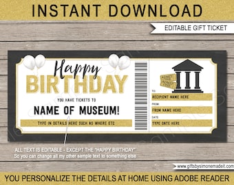 Może przedstawiać: Edytowalny, drukowalny bilet podarunkowy w czarno-złotym kolorze. Bilet zawiera napis "Happy Birthday" i "You have tickets to [Name of Museum]!". Bilet został zaprojektowany tak, aby wyglądał jak tradycyjny bilet do kina.