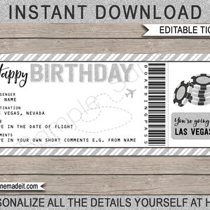 Las Vegas Birthday Plane Ticket Printable Fake Boarding Pass Gift - Surprise Trip to Las Vegas Reveal - Casino - EDITABLE TEXT DOWNLOAD
