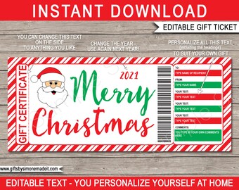 Christmas Santa Gift Certificate Template for Kids - Printable Child Christmas Present Gift Voucher - INSTANT DOWNLOAD with EDITABLE text