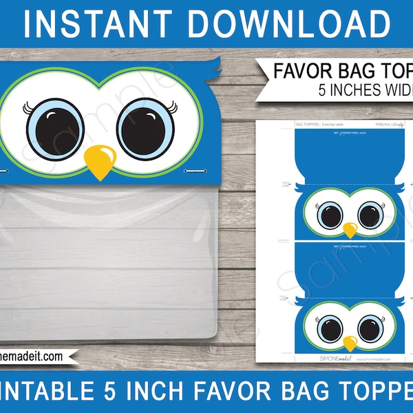 Owl Favor Bag Toppers Template - Printable Birthday Party Favor Tags - 5 inches wide - Baby Shower - INSTANT DOWNLOAD with EDITABLE Text