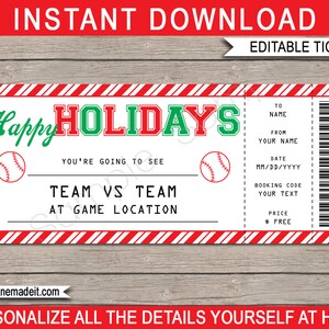 Baseball Ticket Gutschein Vorlage - Druckbare Surprises Tickets für ein Baseball Spiel - Frohe Feiertage - INSTANT DOWNLOAD - EDITIERBARER Text