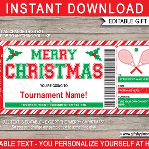 Tennis Ticket Vorlage Weihnachtsgeschenk - Überraschungs-Turnierticket - Druckbares Geschenkgutschein-Zertifikat - INSTANT DOWNLOAD - EDITIERBARER Text