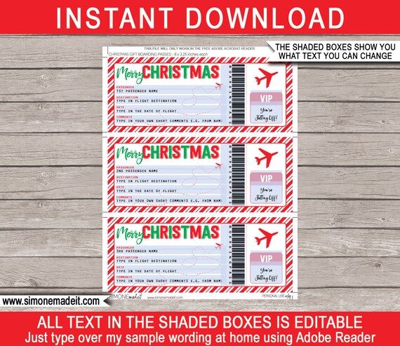 Modello di biglietto per viaggio a sorpresa di Natale: carta d'imbarco modificabile (download immediato) - Italia