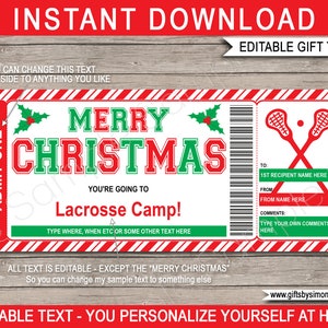 Weihnachts Lacrosse Camp Geschenkgutschein Ticket Vorlage zum Ausdrucken - Überraschungs Trainingslager oder Fähigkeiten Klinik - SOFORTIGER DOWNLOAD - EDITIERBARER Text
