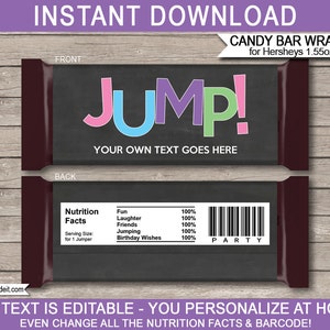 Trampoline Party Candy Bar Wrappers - Party Favor - Chocolate Labels - INSTANT DOWNLOAD with EDITABLE text - you personalize at home