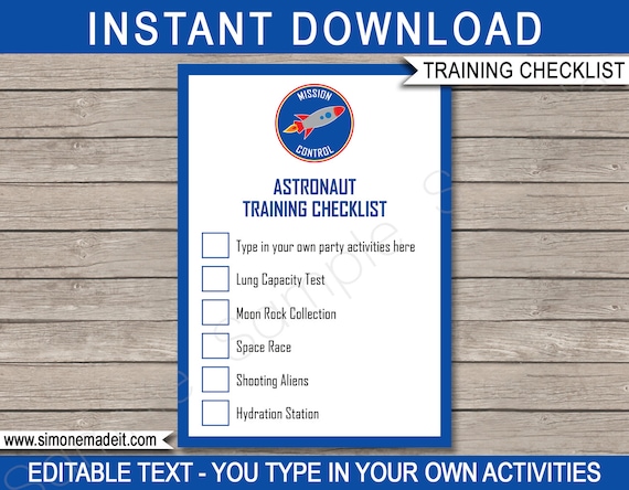 Astronaut Training Checklist Printable Template - Space Party Games - INSTANT DOWNLOAD with EDITABLE text - you edit at home Il_570xn