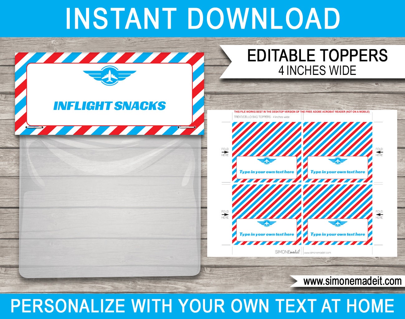 Airplane Party Favors Bag Toppers Printable Template Plane - Etsy