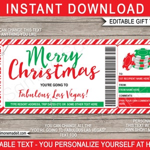 Modello stampabile del regalo di Natale del biglietto di viaggio a Las Vegas - Viaggio a sorpresa rivela vacanza vacanza - DOWNLOAD immediato - testo modificabile