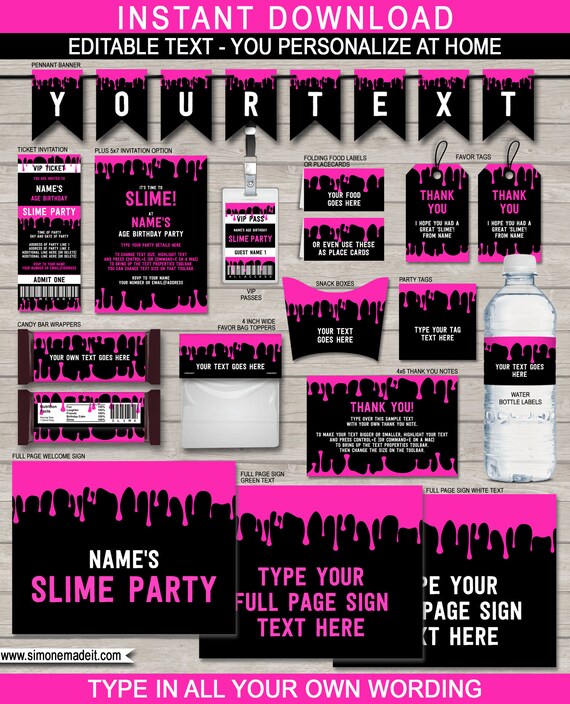 Slime Theme Party Decorations & Invitation Template Bundle - Printable Birthday Party Decor - INSTANT DOWNLOAD - EDITABLE text Il_570xn