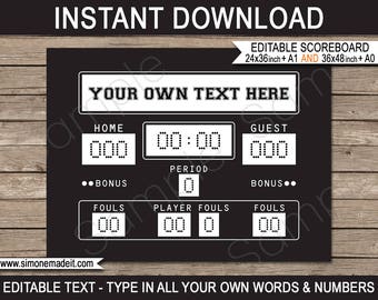 Basketball Party Printable Scoreboard Backdrop Sign - INSTANT DOWNLOAD - EDITABLE text and numbers - 2 sizes - 36x48 (or A0) & 24x36 (or A1)