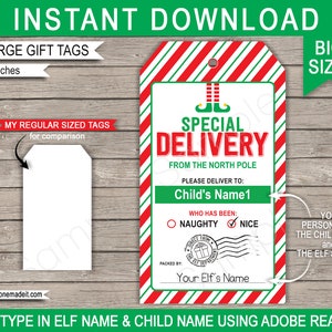 Large Elf Tags Printable Template - I&#39;m Back - North Pole Special Delivery - Christmas Elf Gift - INSTANT DOWNLOAD - EDITABLE Names