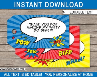 Superhero Favor Tags Template - Printable Birthday Party Thank You Tags - Super Hero Theme - Custom Personalized - EDITABLE TEXT DOWNLOAD