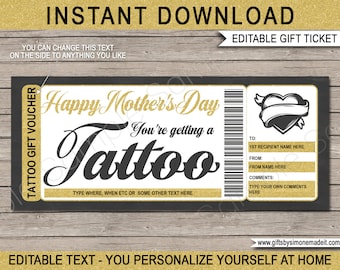 Mothers Day Tattoo Certificate Template Gift Card Voucher Ticket Coupon Printable - Get Inked - INSTANT DOWNLOAD with EDITABLE text