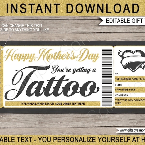 Mothers Day Tattoo Certificate Template Gift Card Voucher Ticket Coupon Printable - Get Inked - INSTANT DOWNLOAD with EDITABLE text