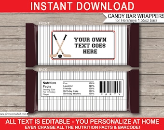 May include: Printable candy bar wrappers for Hershey's 1.55 oz bars with a hockey theme. The front of the wrapper features two crossed hockey sticks and a puck. The back of the wrapper has a nutrition facts label and a barcode. The text on the wrapper says "Your Own Text Goes Here".