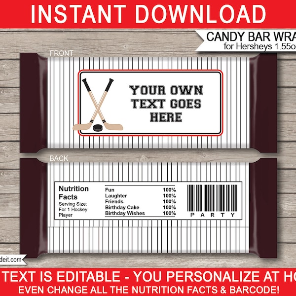 Hockey Party Candy Bar Wrappers: Editable Text (Instant Download)